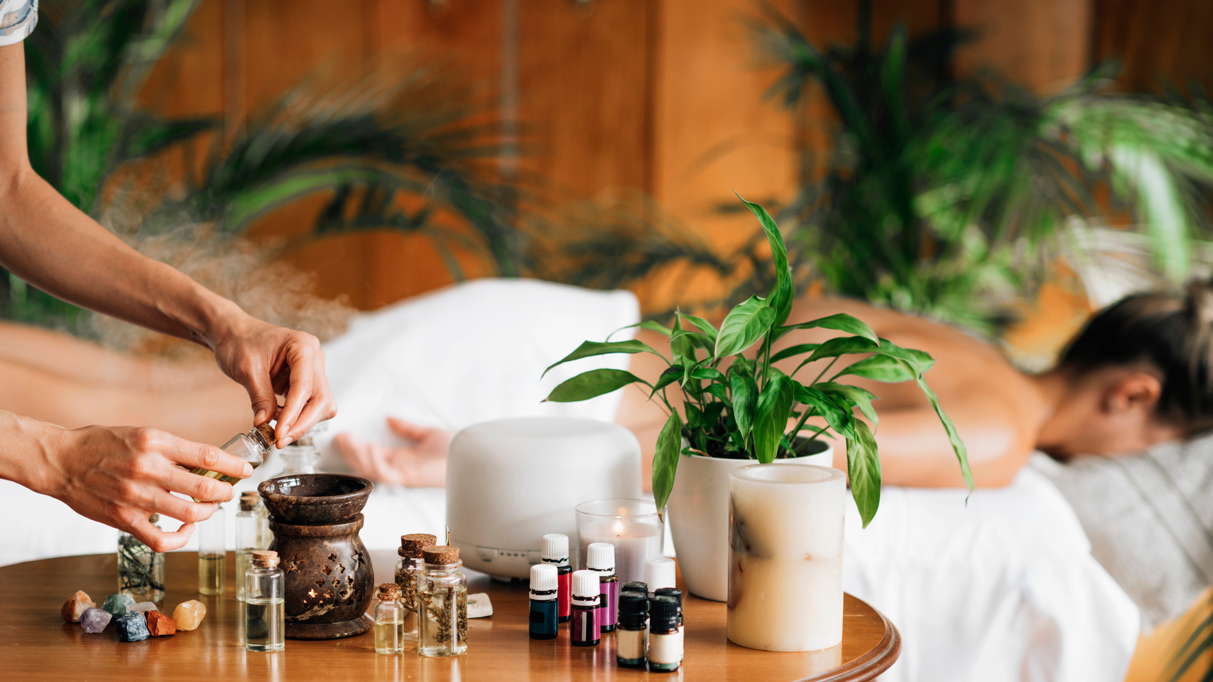 Ayurveda Aromatherapy Massage, Female Hand Pouring Aromatic Oil In An Essential Oil Diffuser